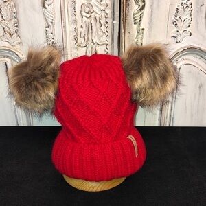 Arctic Cotton Blend Faux Fur Lined Red Knit Teddy Bear Ears Beanie Hat
